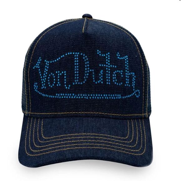 NWT New! VON DUTCH NAVY BLUE STONE DENIM TRUCKER HAT w/RHINESTONE LOGO. main image 4